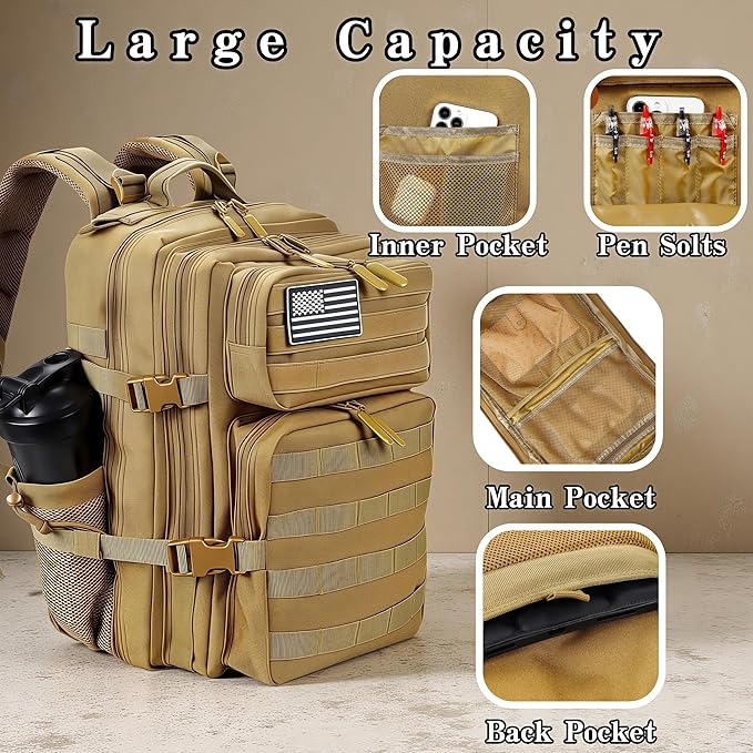 Tactical Military Backpack for Men &amp Women - Small Molle Assault Rucksack with Bottle Holder for EDC Hiking &amp Camping (Black-A)