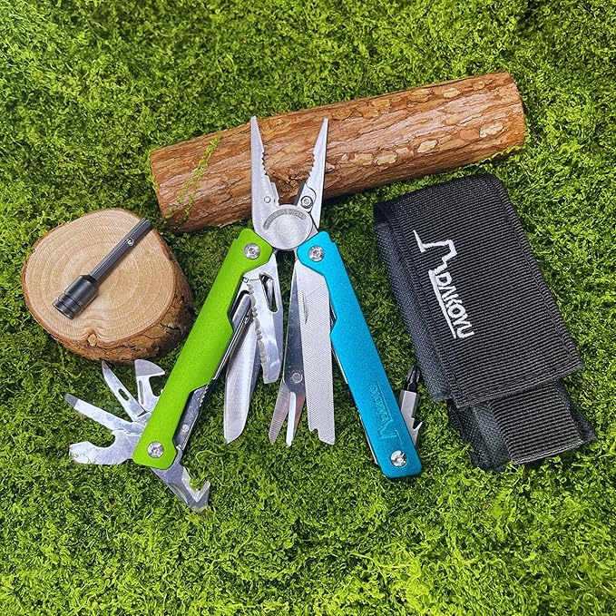 DKYoung™ Multi-Tool Aluminum Handles with Polished Stainless Steel Tools Blue/Green High-Viz Colors Pliers-Based Multitool with Carrying Sheath ¼ in. Hex Extension Camping Hiking Gift