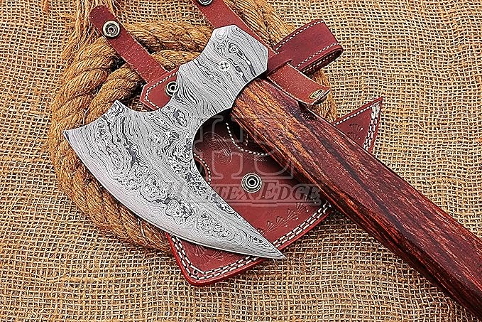 HUNTEX Custom Handmade Hand-Forged Twist Pattern Damascus Steel 21 Inch Long Walnut Wood Handle Razor Sharp Hunting Camping Wood Splitter Viking Broad Axe with Genuine Leather Sheath