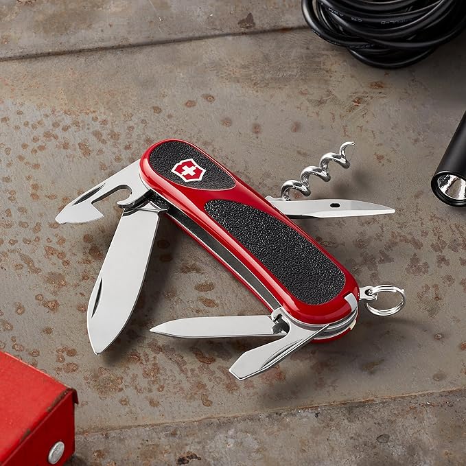Victorinox Evolution 10 Grip Swiss Army Knife 13 Function Ergonomic Swiss Made Pocket Knife with Large Blade Reamer and Nail File - Red/Black