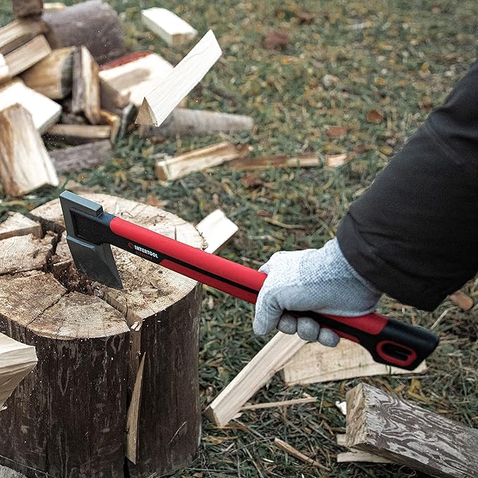 INTERTOOL Long Hatchet Camping Axe for Wood Chopping and Kindling - 18 Ax Tool for Splitting Firewood &amp Outdoor Survival Gardening Hiking with Shock Absorbing Anti-Slip Handle &amp Sheath - HT