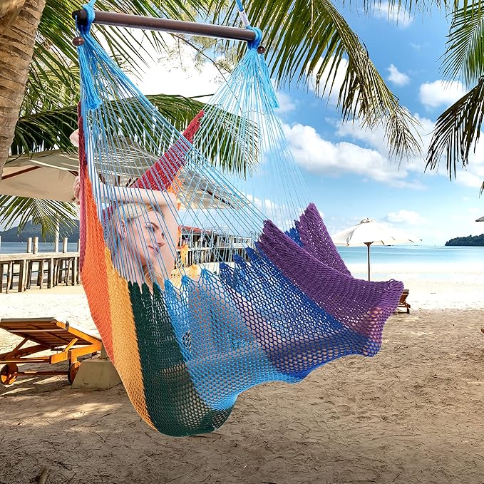 Large Caribbean Hammock Chair - 48 Inch - Polyester - Hanging Chair - Rainbow