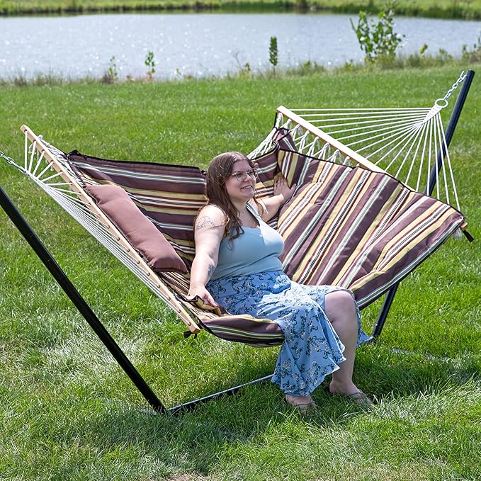 Sunnydaze Rope Hammock with Stand for Outside- 275-Pound Capacity - Includes 12-Foot Hammock Stand Spreader Bar Pad and Pillow - Desert Stripe