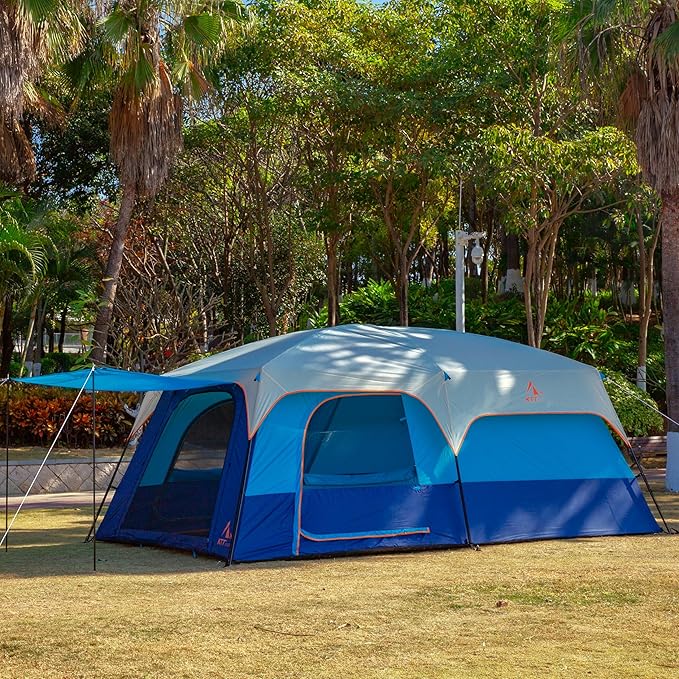KTT Extra Large Tent 6-10-12-14 Person(A)Family Cabin Tents2 Rooms3 Doors and 3 Windows with MeshStraight WallWaterproofDouble LayerBig Tent for OutdoorPicnicCampingFamily Gathering