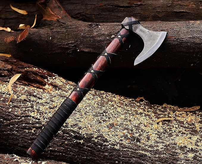 WAZIR Crafts Viking Axe | 17″ Hand-Forged Carbon Steel Tomahawk with Rosewood Handle &amp Leather Sheath Bearded Axe for Camping Bushcraft Throwing Gifts for Men (WCA‑015)