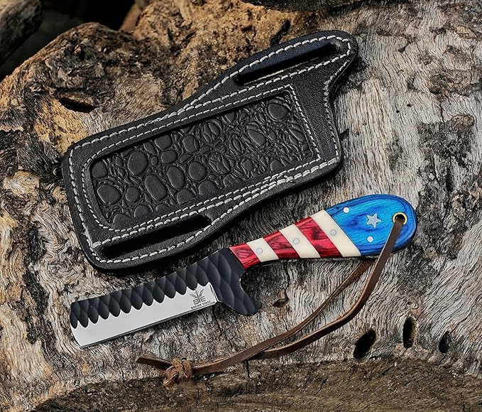 Hand made cowboy Bull Cutter with Leather Sheath Hand forged multi colour Handle Cowboy Knife Best Gift for Boy Friend.