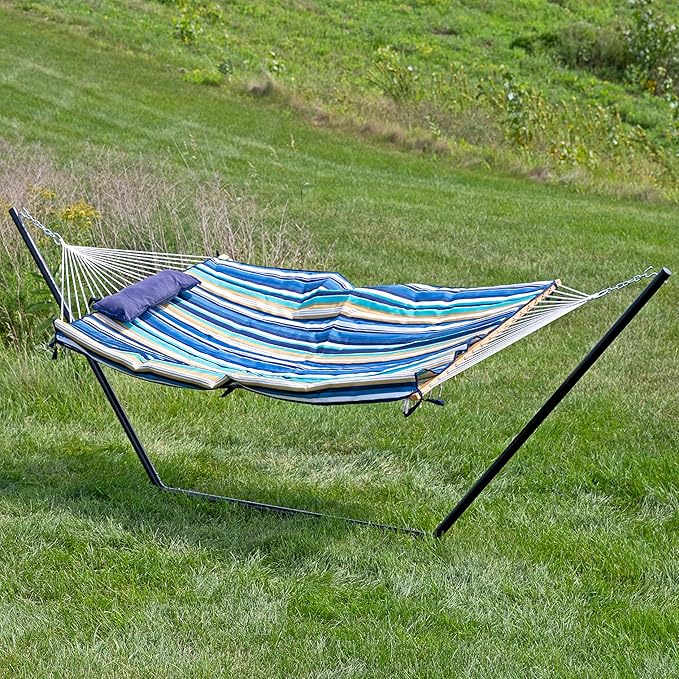 Sunnydaze Rope Hammock with Stand for Outside- 275-Pound Capacity - Includes 12-Foot Hammock Stand Spreader Bar Pad and Pillow - Lakeview