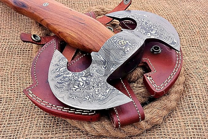 HUNTEX Unique Custom Hand-Forged Twist Pattern Damascus Steel 17 Inch Long Walnut Wood Handle Full Tang Razor Sharp Hunting Camping Outdoor Twin Blade Viking Axe with Genuine Leather Sheath