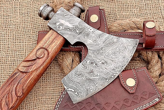 HUNTEX Unique Custom Hand-Forged Twist Pattern Damascus Steel 21 Inch Long Walnut Wood Handle Full Tang Razor Sharp Hunting Camping Outdoor Smoke Pipe Viking Axe with Genuine Leather Sheath