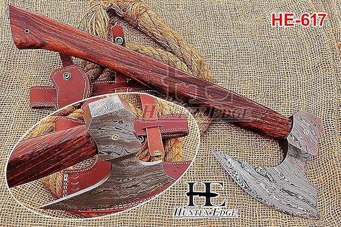 HUNTEX Custom Handmade Hand-Forged Twist Pattern Damascus Steel 21 Inch Long Walnut Wood Handle Razor Sharp Hunting Camping Wood Splitter Viking Broad Axe with Genuine Leather Sheath