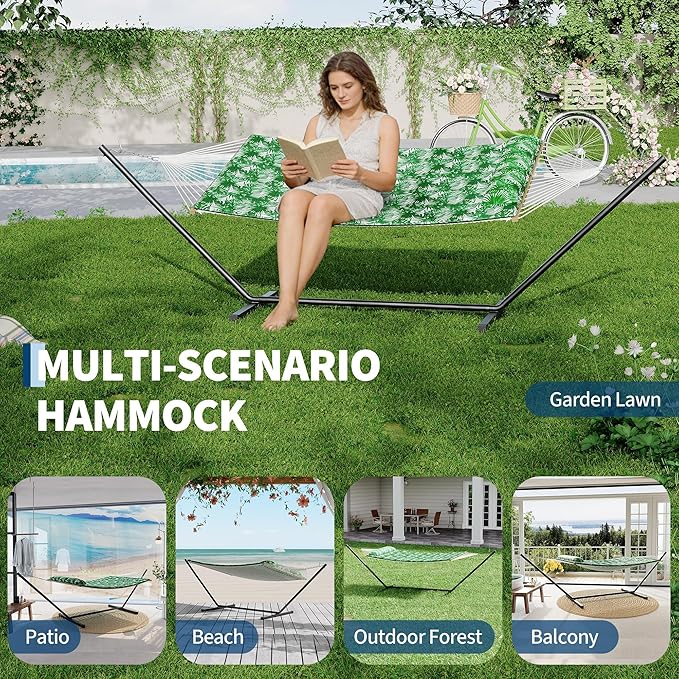 GarveeHome Double Hammock with Heavy-Duty Steel Stand 2 Person Portable Hammock 450LBS Max Weight Capacity Easy Assembly Ideal for Indoor Backyard Camping &amp Outdoor Use