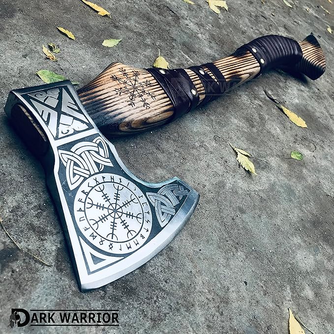 [DARK WARRIOR] Aegishjalmr viking axe Norse Viking Axe Hatchet Splitting Axe Rose Wood Shaft with Beautiful Design Leather wrap Into Handle