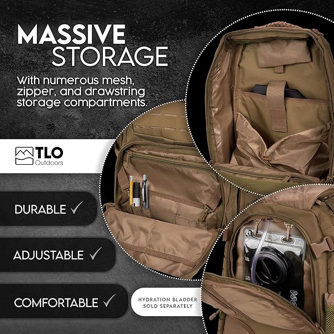 TLO Outdoors TacPack24L Tactical Backpack - Water Resistant 24 Liter Capacity Daypack Rucksack Gear Bag Laptop Bag
