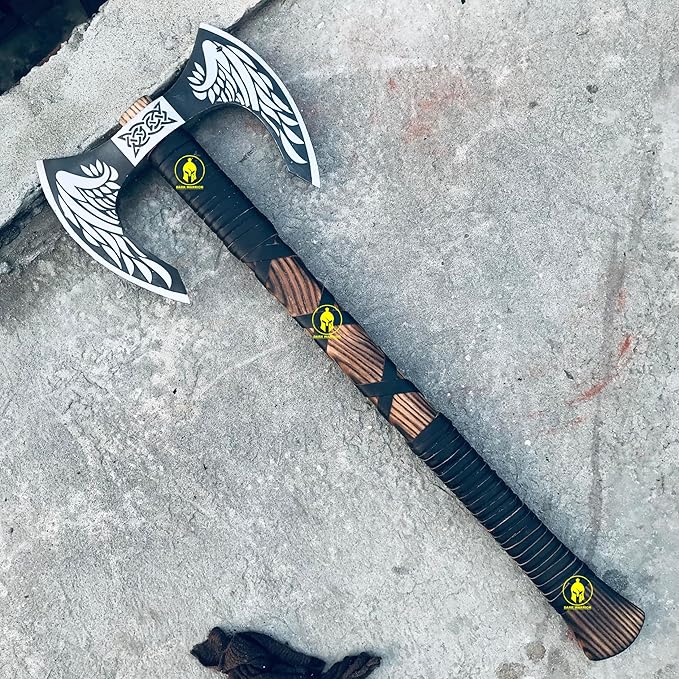 DARK WARRIOR- Handmade Viking Double Headed Axe Real Battle Two Sided Twin Blade Axe with Solid Handle Leather Sheath Best Gift for Him Viking Lover.