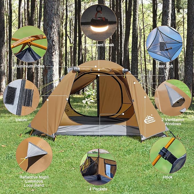 2-3 Person Backpacking Tent with Double Door 2 Vestibule Waterproof Windproof Lightweight Easy Set Up 3 Season 2 Man Two Person Tent for Camping Hiking Motorcycle Mountaineering with UPF 50+