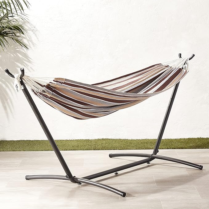 Amazon Basics Double Hammock with 9-Foot Space Saving Steel Stand and Carrying Case 2 Person 450 lb Capacity Cream Wave 110 x 47 x 43
