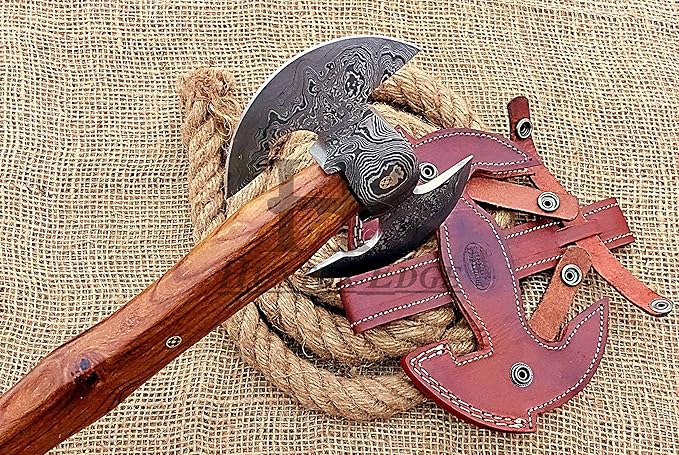 HUNTEX Unique Custom Hand-Forged Twist Pattern Damascus Steel 17 Inch Long Walnut Wood Handle Full Tang Razor Sharp Hunting Camping Outdoor Twin Blade Viking Axe with Genuine Leather Sheath