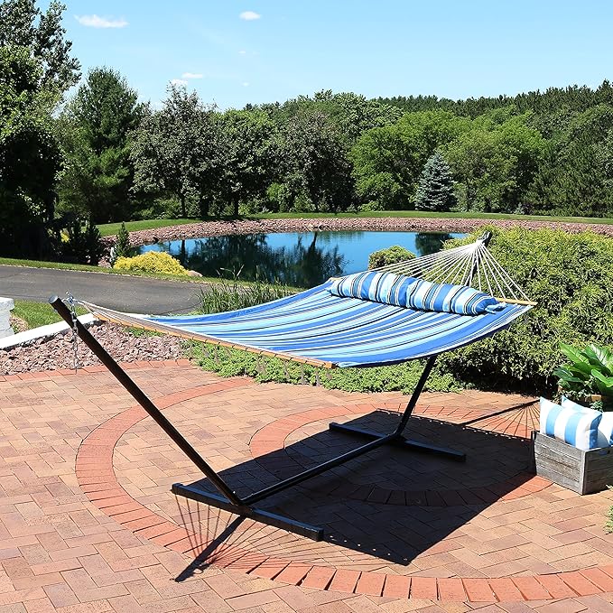 Sunnydaze Quilted Double Hammock with Stand for Outside - 350-Pound Capacity 2-Person Hammock with Stand - 12-Foot Stand - Misty Beach