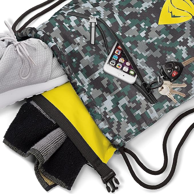 Skog Å Kust GymSak | Patented 2-in-1 Drawstring Cinch Bag with Removable Waterproof Dry Bag | Camo &amp Yellow