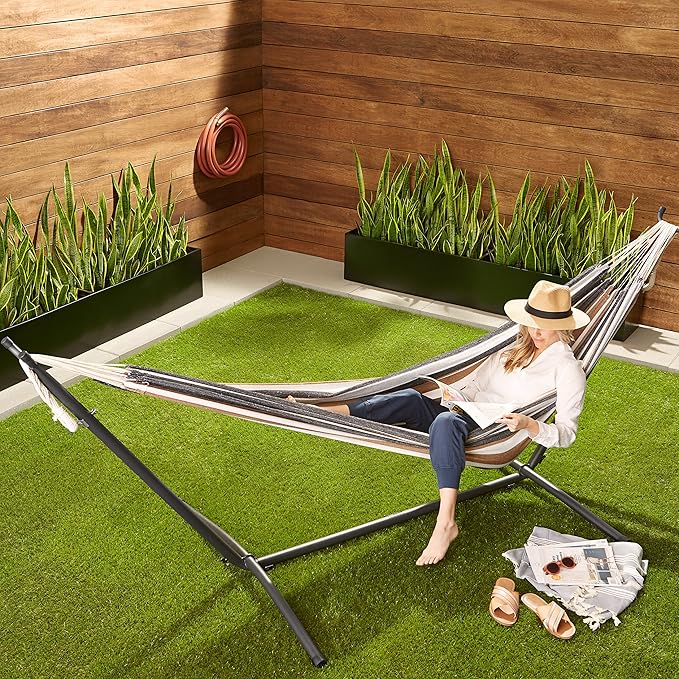 Amazon Basics Double Portable Hammock with Space Saving Steel Stand and Carrying Case 2 Person 470lb Capacity Multi Color 118 x 46 x 39
