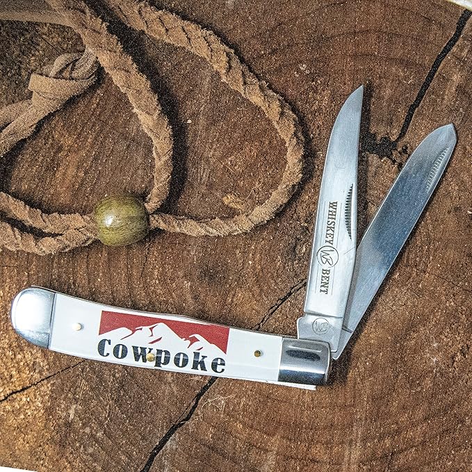 WHISKEY BENT HAT CO. Traditional Trapper Folding Pocket Knife 4.125 Closed Length 440C Stainless Steel Blades (Cowpoke)